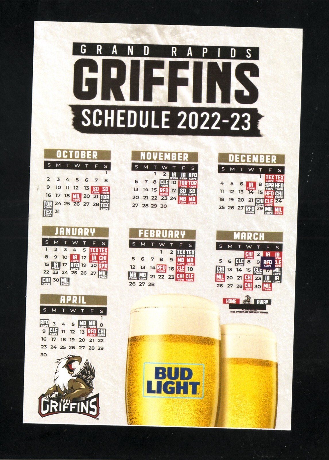 Grand Rapids Griffins--2022-23 Large Card Schedule--Bud Light--AHL--Red ...