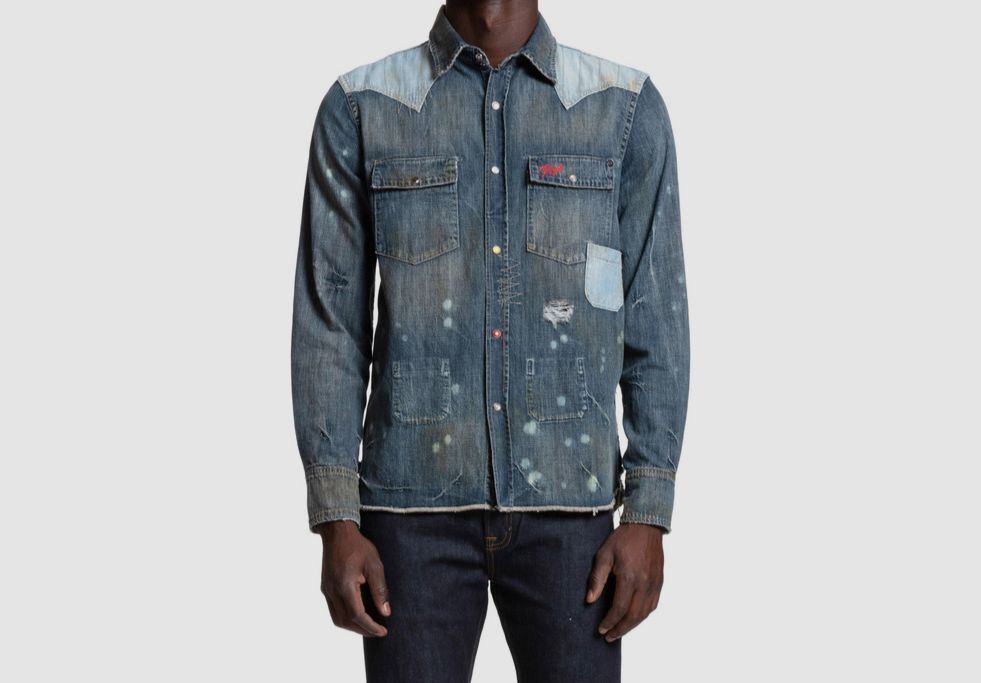 PRPS Noir Men's Blue Paint Splatter Distressed Denim Snap Shirt - Main Image