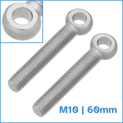 2pcs M10 60mm Stainless Steel Nut Eye Bolt Ring Link Fisheye Slip Hole Screw