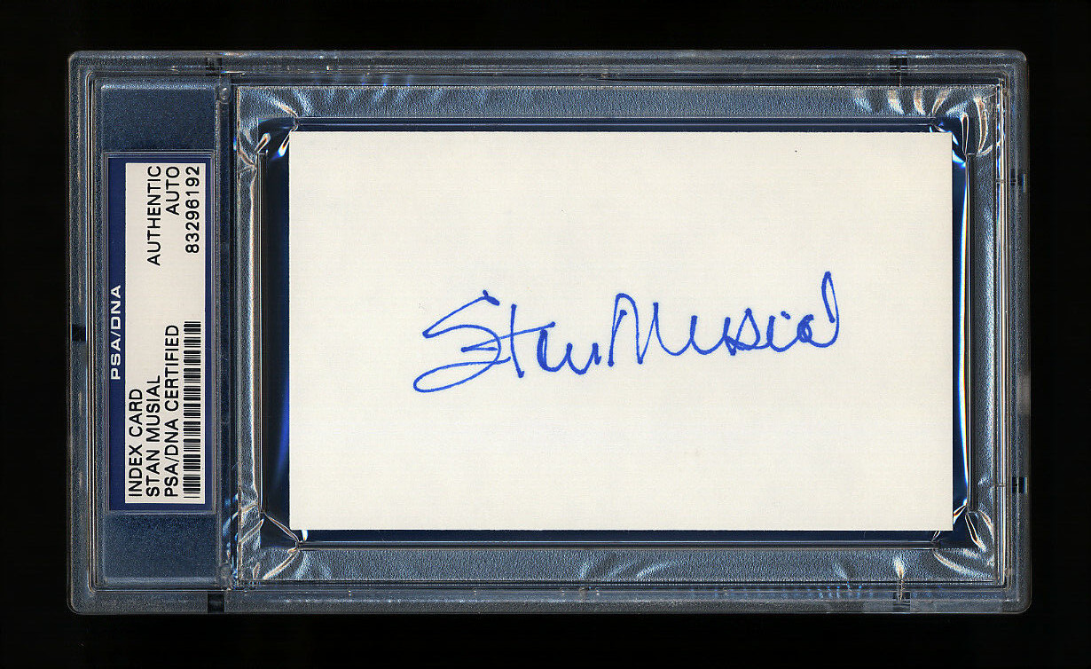 STAN MUSIAL SIGNED MINT INDEX CARD PSA/DNA SLABBED HOF AUTOGRAPHED CARDINALS WSC