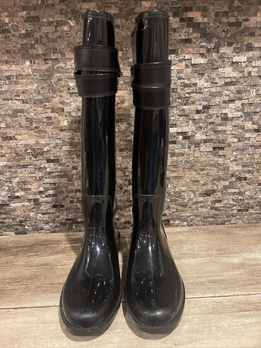 COACH TALIA BLACK TALL GOLD TURN LOCK LOGO RUBBER RAIN BOOTS A7850 Size 6