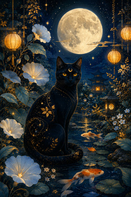 Schwarze Katze Mond Garten Mystische Nacht Poster Druck Gerahmte Leinwand Wandbild