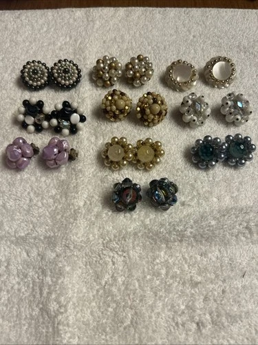 Lot of 10 Vintage Beaded Cluster Clip-On Earrings Costume Jewelry 1960s-1970s