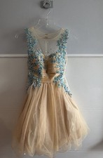 Rachel Allan Size 0 Nude Champagne Blue Appliqu Formal Prom Cocktail Dress