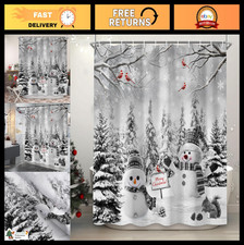 Winter Snowman Shower Curtain Set - Grey Forest Cardinal Snowflake Design, 72x