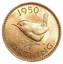 1950 Great Britain 1 One Farthing UNC Coin Wren Bird George VI KM 843