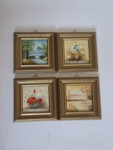 4x kleine Ölgemälde Miniaturen 11x11 cm – Blumen & Landschaft – Vintage –