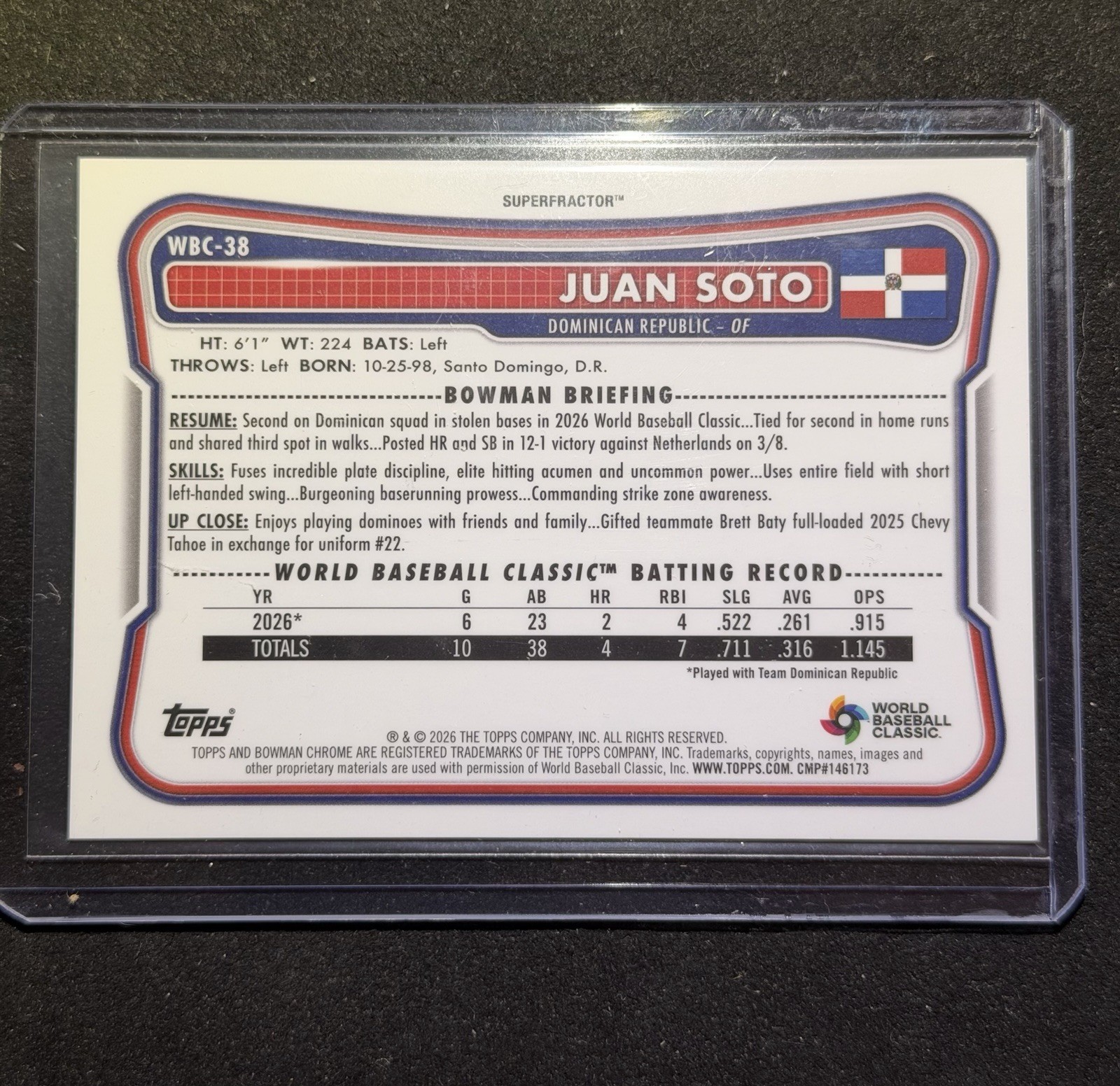 2026 Topps Bowman Chrome Juan Soto WBC-38 Superfractor 1/1 Team Dominican Rep view 2