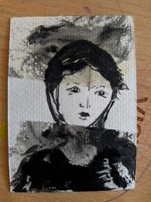 ACEO OOAK Female Portrait Mixed Media Drawing Painting Signed 2.5x3.5"