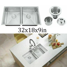 32x18x9in Nano Dual-Bowl Kitchen Sink Undermount Stainless Steel Dual-Basin Sink