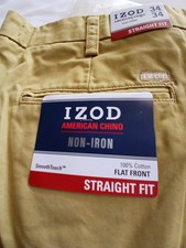 NWT Izod Straight Fit American Chino Non-Iron Smooth Toutch 34/34 Khaki Cotton