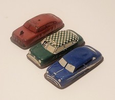 3 Vintage Argo Lithographed Tin Toy Cars Blue Police Red Fire Chief Green Taxi
