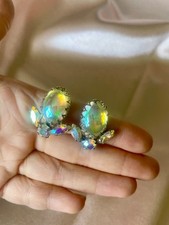 Vintage Sherman AB crystal rhinestone glass cabocon clip earrings