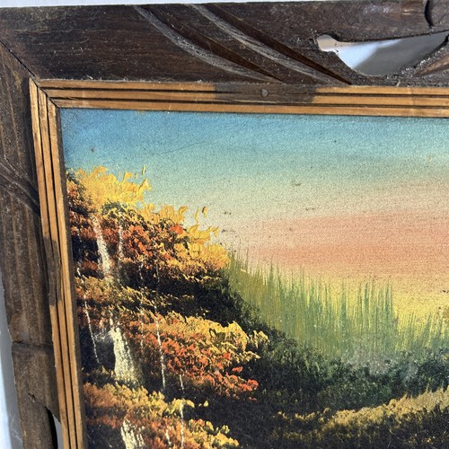 Vintage Velvet Painting Rustic Frame Nature Forest Scene Buck Deer and waterfall - Afbeelding 5 van 18