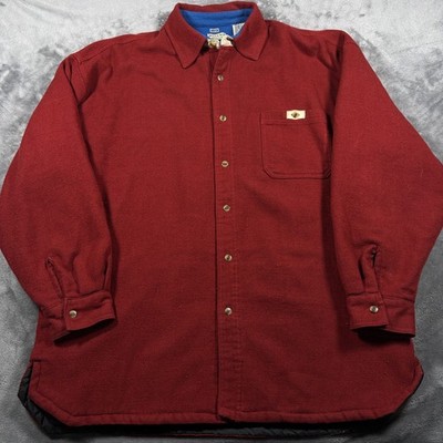 Vintage Bugle Boy Flannel Shirt Jacket Mens XL Maroon Quilted Lined Button Front