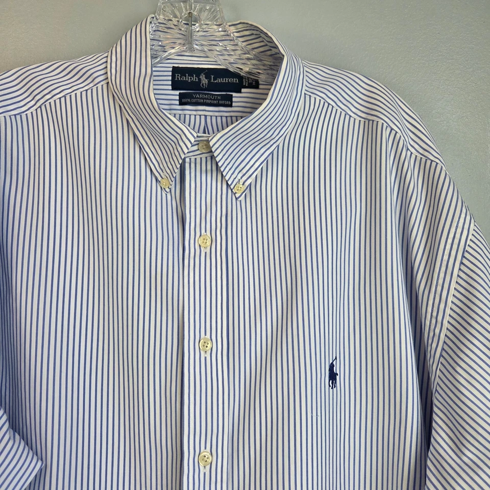 Camisa Ralph Lauren Yarmouth 18 36/37 Azul Blanco Rayas Oxford 100% Algodón Foto 3 de 4