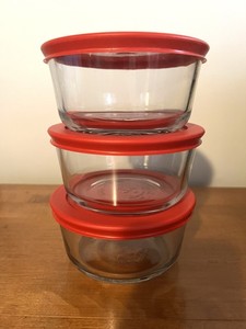 Set of 3 Anchor Hocking 2-Cup Kitchen Storage clear glass bowls red Pyrex lids