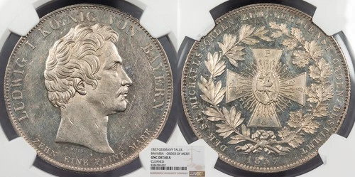 GERMAN STATES Bavaria Ludwig I 1837 Thaler (Taler) Oder of Merit NGC UNC
