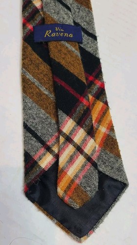 Vintage 100% Wool Plaid Tie VIA RAVENA Brown Black Red Cream Fall - Picture 5 of 10