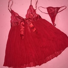 NWT Victoria's Secret XS,L,XL BABYDOLL SET thong RED PLEATED SATIN BOW Valentine