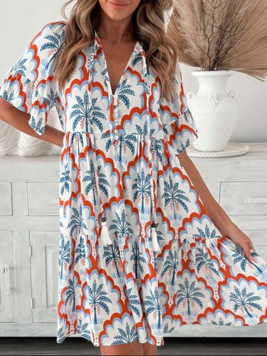 Tassel Printed Tie Neck Half Sleeve Mini Dress