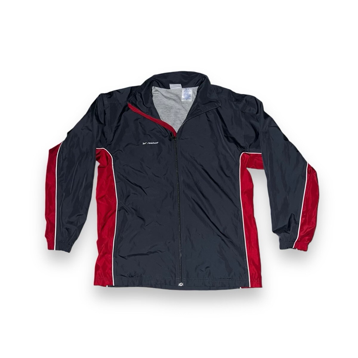 Reebok Track Jacket Mens Medium Gray Red Lined Full Zip Embroidered Windbreaker
