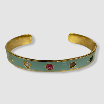 $85 Tai Women's Blue Gold Enamel Open Cuff Slide-On Bracelet