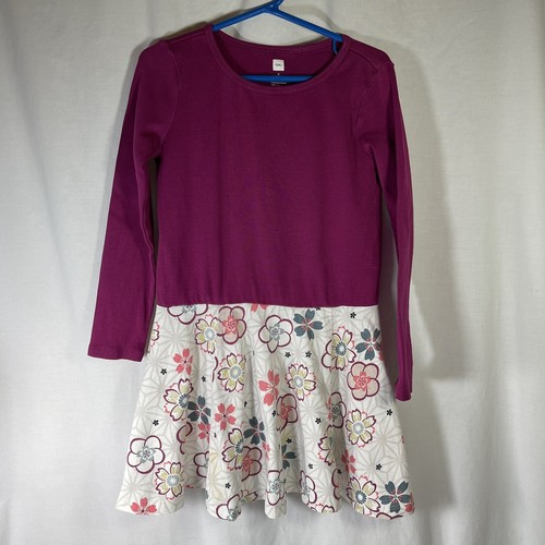 Tea Girls 5 Dress Magenta With Floral Skirt Long Sleeve Cotton Used Read Descr. - Picture 2 of 7