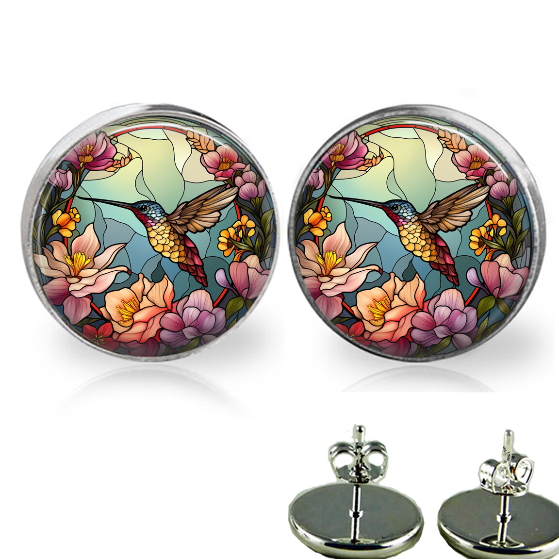 Hummingbird Stud Earrings for Bird Lovers Faux Stained Glass Art Gift-image