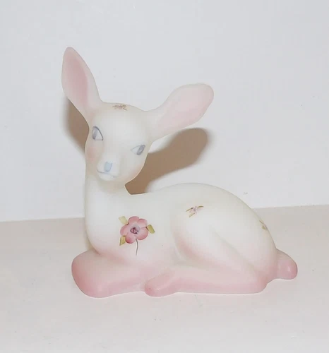 FENTON ART GLASS BERRIES & BLOSSOMS HANDPAINTED BY S. HART FAWN/DEER FIGURINE