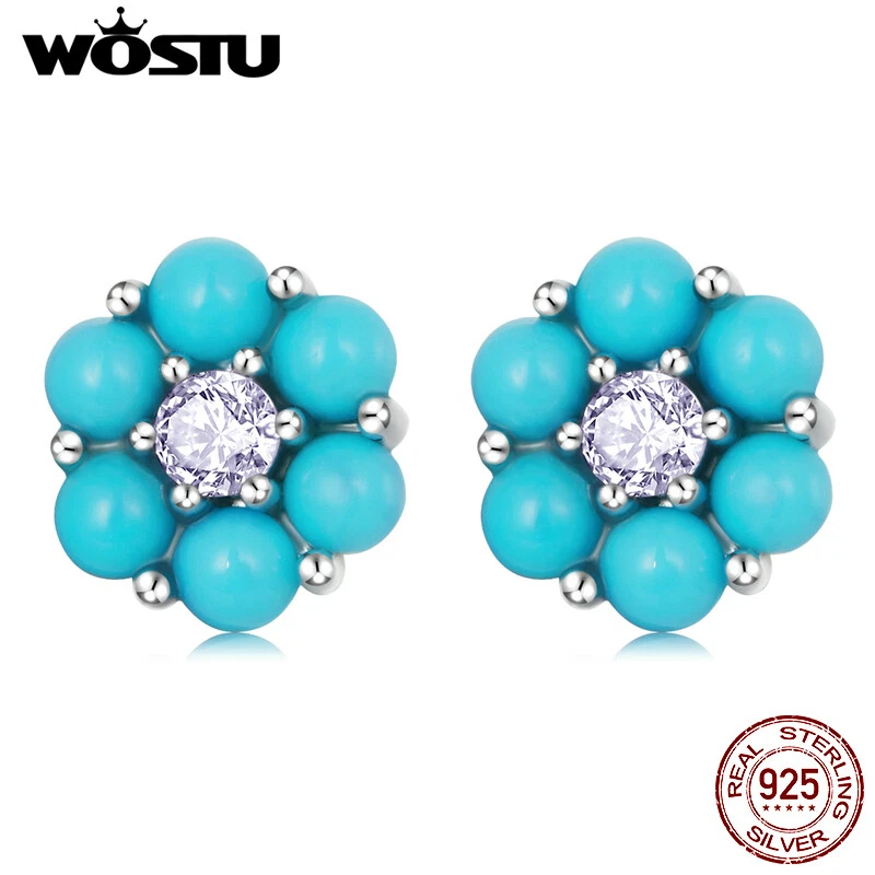 Brincos da moda Wostu S925 prata esterlina flor turquesa - Imagem 2 de 4