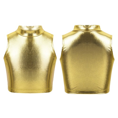Kid Girl Shiny Metallic Dance Crop Tank Vest with Shorts Gym Workout Outfits - Picture 73 of 117