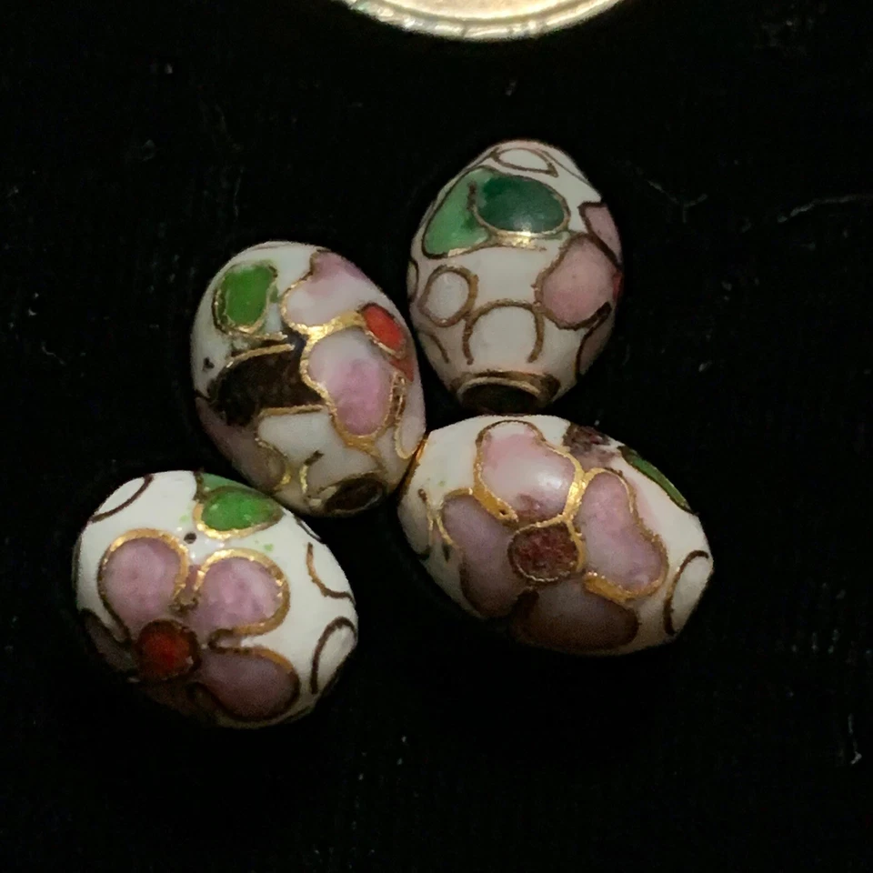 4 件复古白色粉红色花朵叶子 Cloisonne 中国珐琅椭圆形珠 9x7 毫米 — 第 4/4 张图片