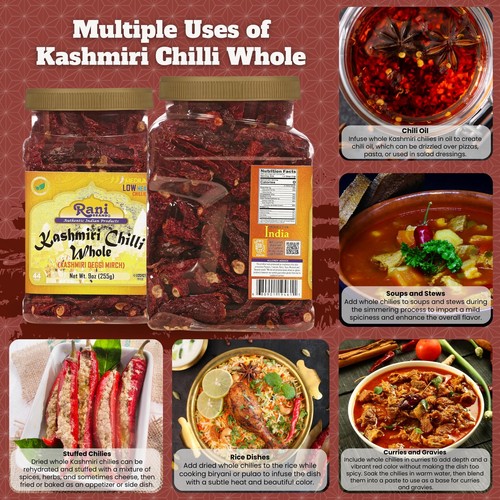 Rani Kashmiri Chili ganz stiellos (Deggi Mirch, niedrige Hitze) 9oz (255g) PET Glas - Bild 2 von 8