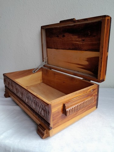 Vintage Ornate Carved Wooden Box Cottagecore Metal Hinged- 11"L x 6"W x 4"T - Picture 5 of 20