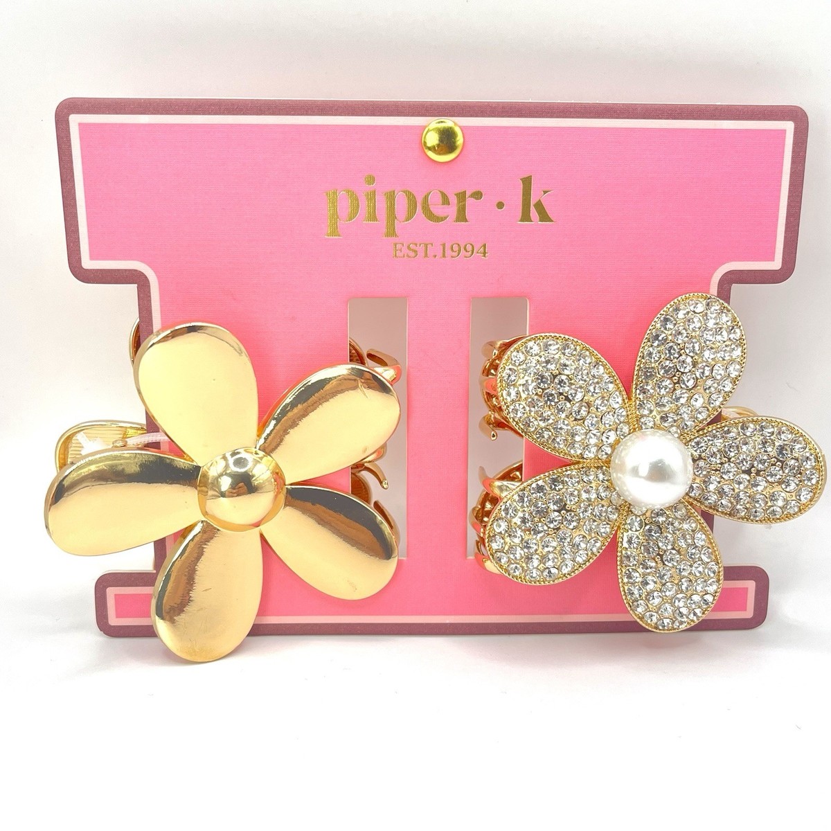 Piper K Gold Flower Hair Claw Clips Set Rhinestone Pearl Crystal