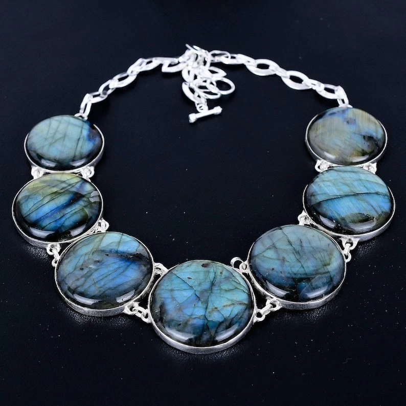 Collar Joyería Plata Esterlina 925 Hecho a Mano Piedras Preciosas Labradorita Azul Fuego 18" Foto 3 de 4