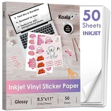 Koala Inkjet Printable Vinyl Sticker Paper for Inkjet Printer - 50 Sheets Whi...