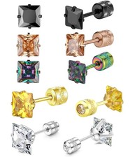 Screw Back Square CZ Stud Earrings Set for Sensitive Ears, Hypoallergenic Sur...