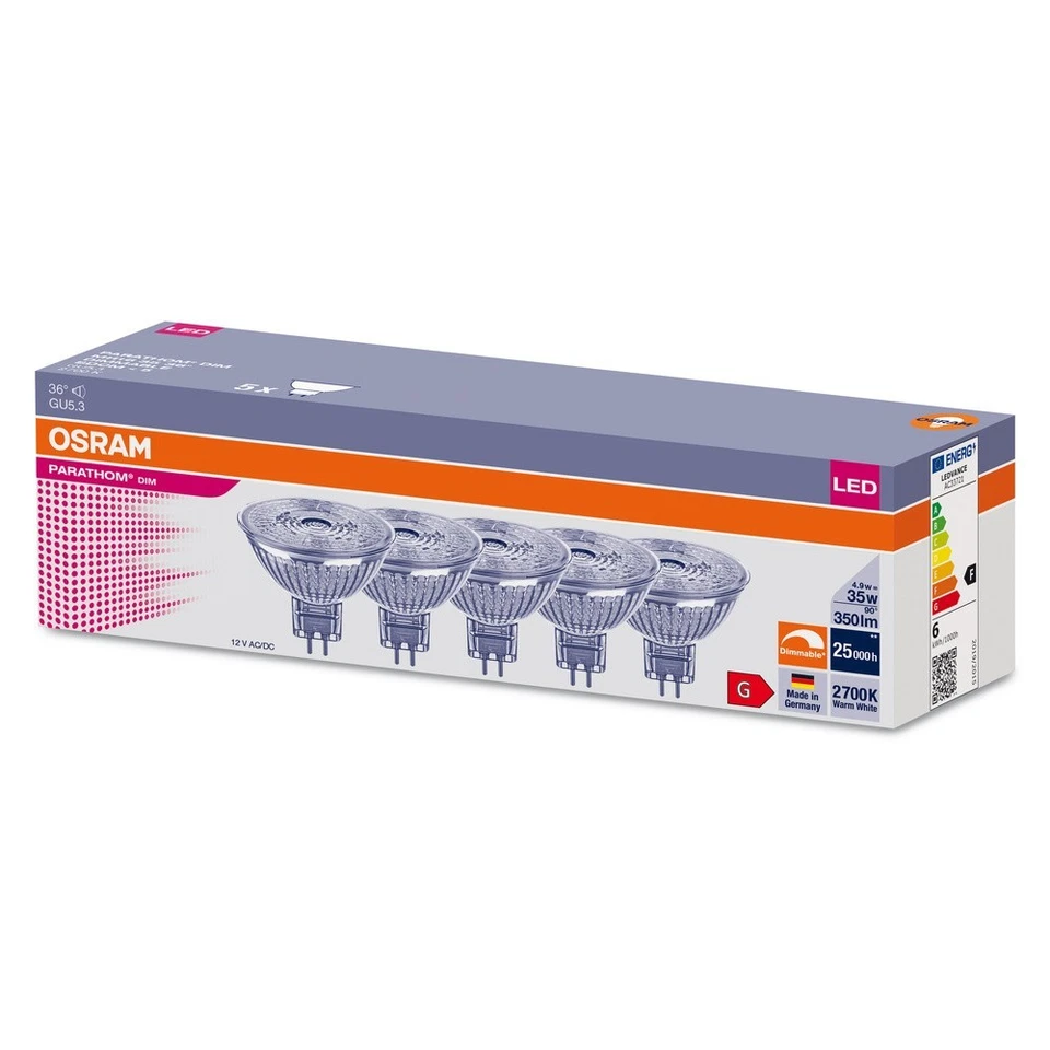 Ledvance Pack of 5 MR16 Dimmable 4.9-35W 2700k 36D 350lm WarmWhite 90 CRI - Image 2 of 4