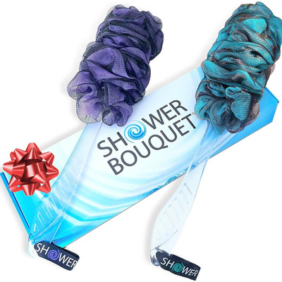 SHOWER BOUQUET Loofah-Charcoal Back-Scrubber Color-2-Pack // Long-Handle-Loofa