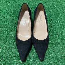Size 37.5 - Chanel Low Pump Heel Womens Black Corduroy Pointed Toe Ships Fast 