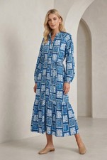 Women’s Blue Paisley Tiered Maxi Dress Size Medium Button Front Summer Chic