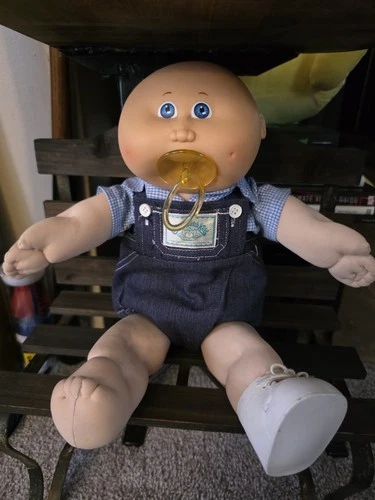 Vintage Cabbage Patch Boy Doll with Original Overalls Plaid Shirt Diaper.