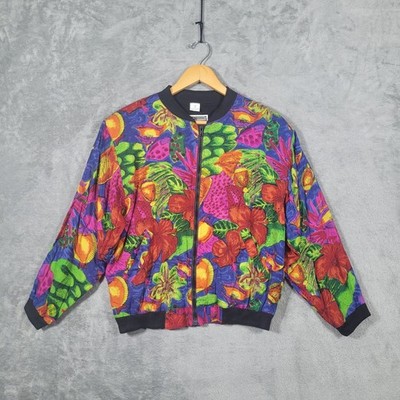 Giacca Bomber Jacket Women L Multicolor Tropical Fish Floral Vintage Rayon Zip