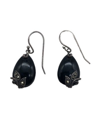 Black Onyx Sterling Silver Marcasite Teardrop Earrings Vintage Art Deco