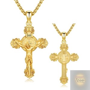 Authentic 14K Gold Plated Saint Benedict Crucifix Medal Pendant Jesus Cross Necklace