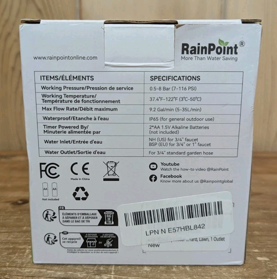 Rainpoint 1-Zone Water Timer ITV105 Water/Rustproof Rain Delay Watering NIB