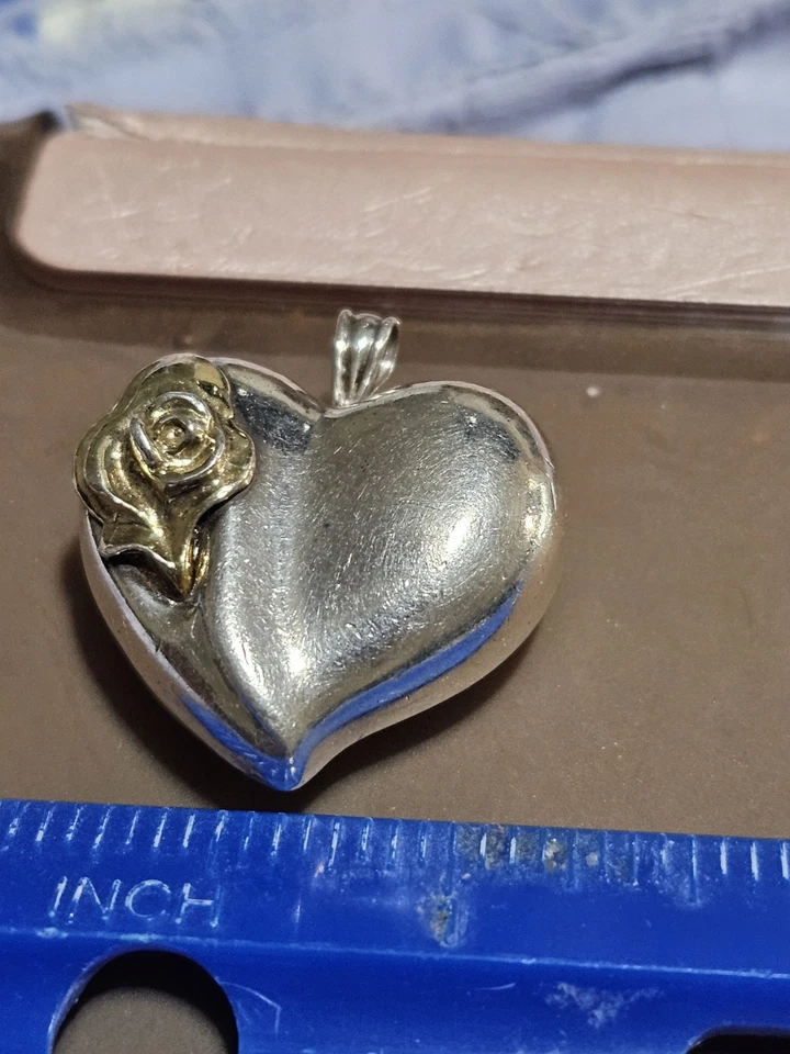 Colgante rosa corazón hinchado 925 plata esterlina diseñador Gorham vintage Foto 4 de 4