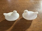 Two VINTAGE Milk Glass HEN on NEST Covered DISHES One w Missing BEAK Hazel Atlas